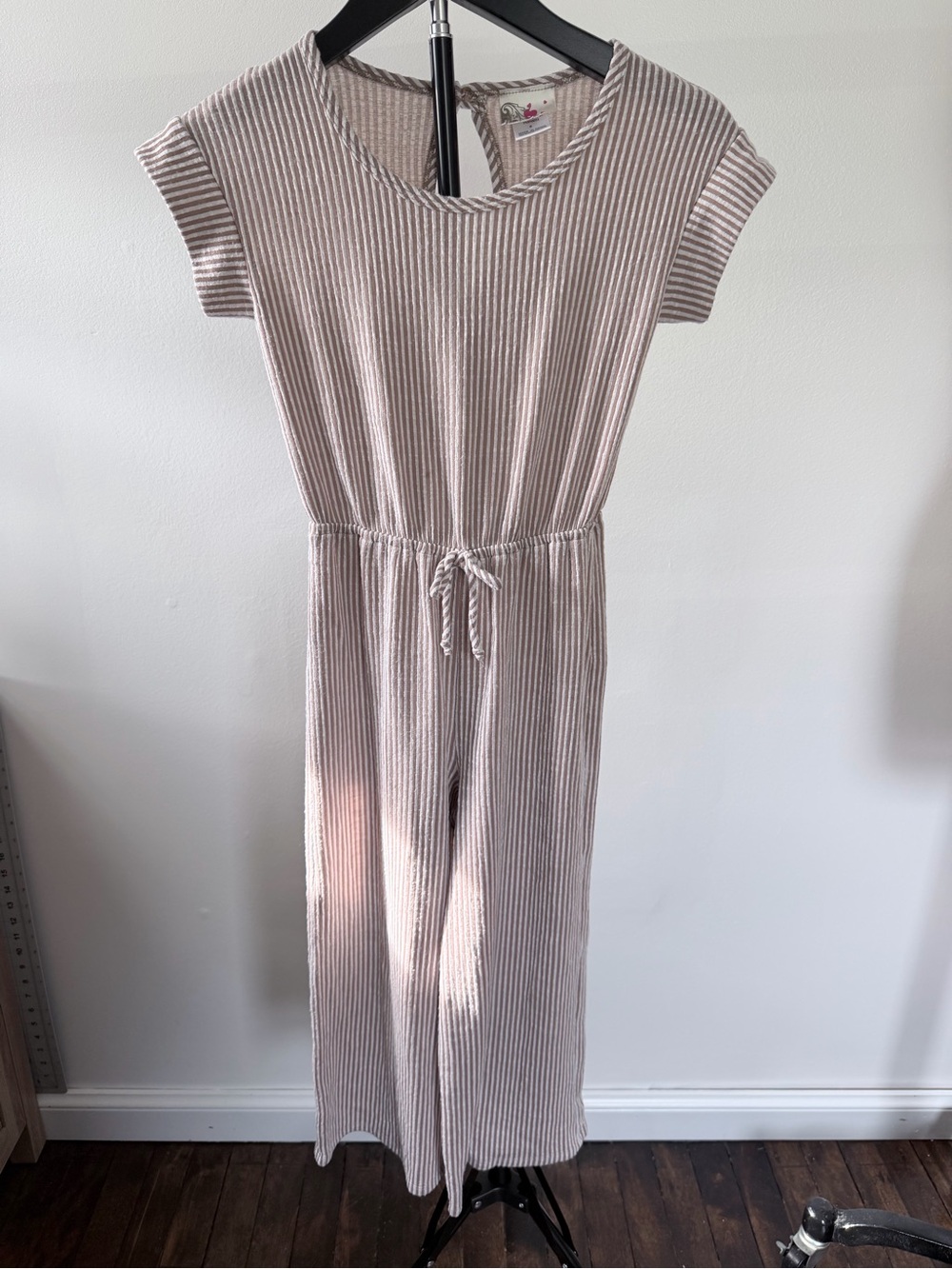 Kids Ribbed Short-Sleeve Jumpsuit in Taupe Stripe